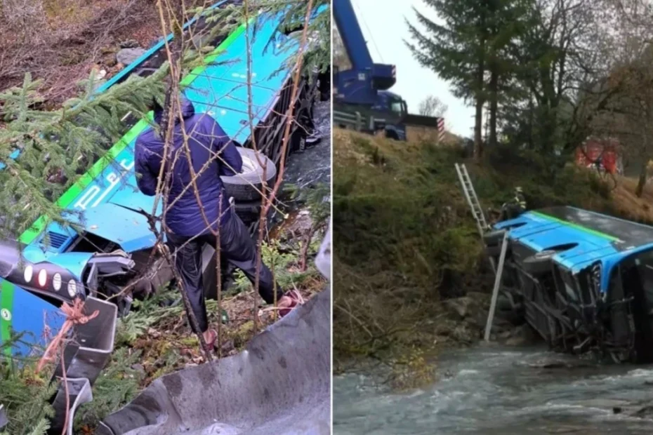 Autobus szkolny wypada z drogi i ląduje w rzece Foto: autobus w górskim potoku