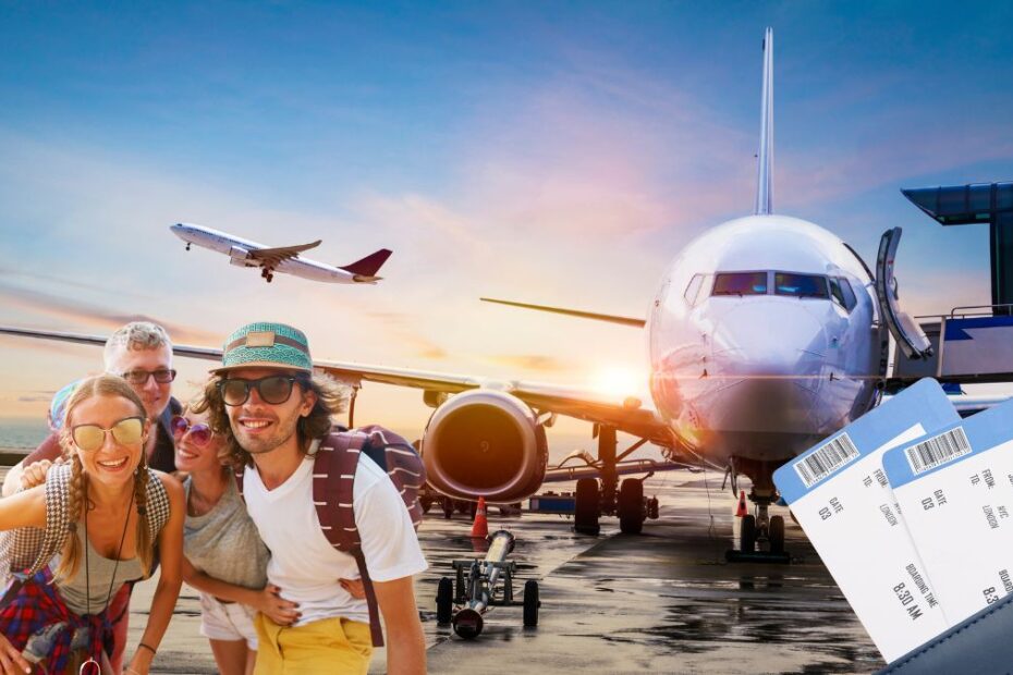 bilety za symboliczną złotówkę Foto: podróżni na tle samolotu