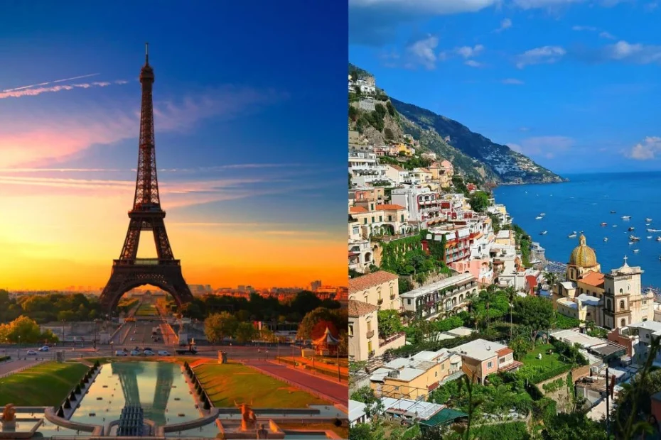 nowa luksusowa trasa z Paryża na południe Włoch Foto: Wieża Eiffla w Paryżu i włoskie Wybrzeże Amalfi