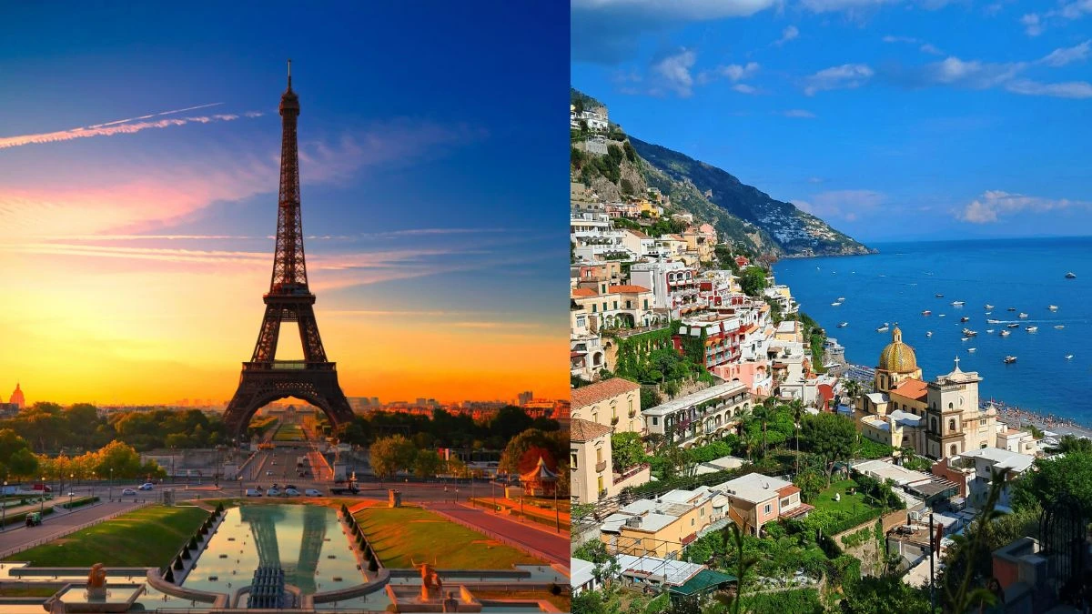 nowa luksusowa trasa z Paryża na południe Włoch Foto: Wieża Eiffla w Paryżu i włoskie Wybrzeże Amalfi 